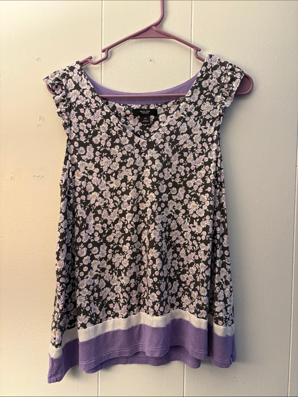 Simply Vera Vera Wang Black Floral Tank with Lavender Trim Band